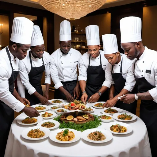 Prompt: a group of African chefs standing around a table with plates of food on it, collaborating on menu design in an upscale setting