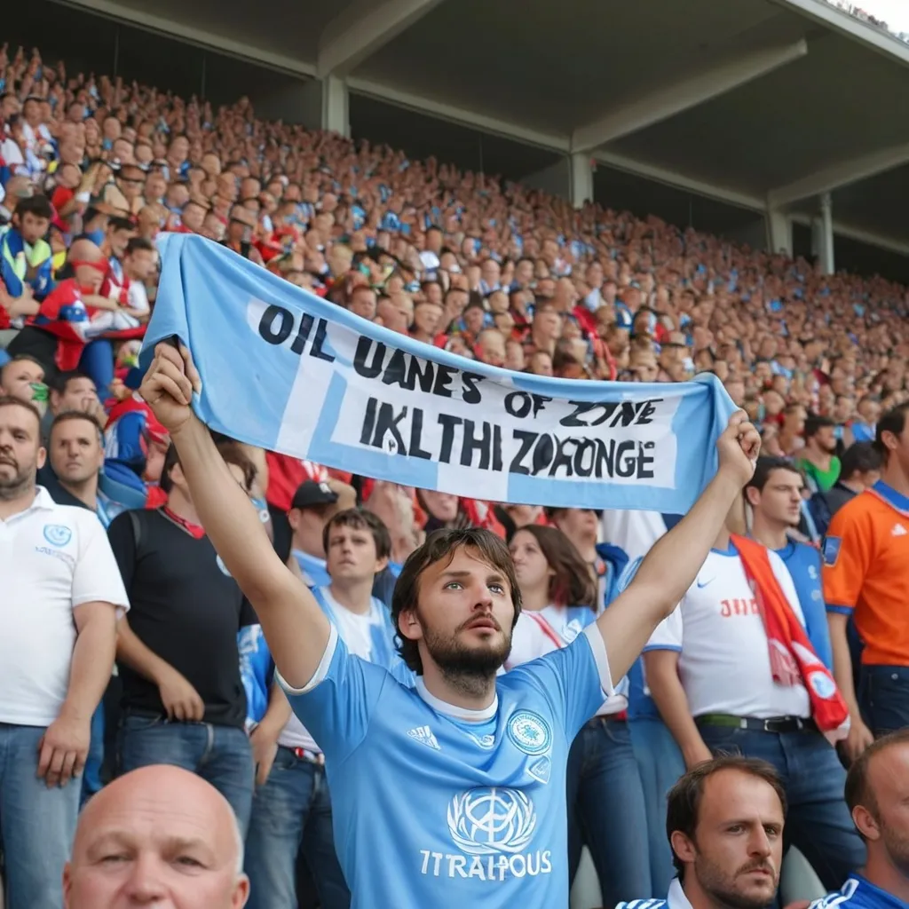 Prompt: Un supporter de football de dos qui tient une écharpe où il est écrit "fan zone" devant un stade rempli de supporter