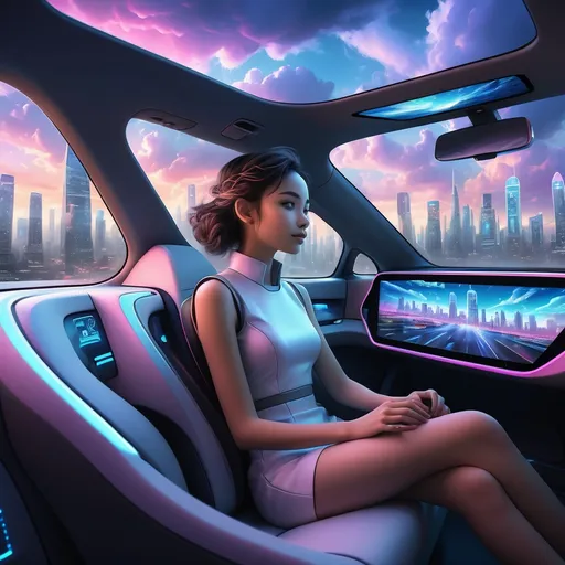 Prompt: (girl sitting in a car), (futuristic) technology, (cloudy sky), advanced displays and controls, (soft glow of digital lights), sleek car interior, (vibrant colors), modern city skyline visible through windows, (highly detailed) and (ultra-realistic), conveying a sense of serenity and innovation, immersive atmosphere with whimsical clouds.