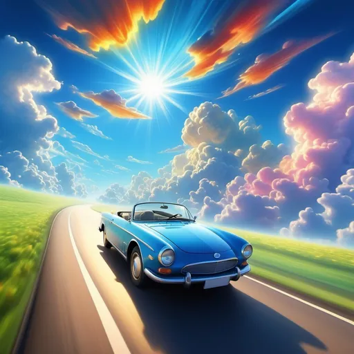 Prompt: (driving a car in the sky), surreal scene, vibrant colors, dreamlike atmosphere, floating clouds, expansive blue sky, rays of sunlight streaming through, whimsical feel, high-speed motion, HD quality, fantasy landscape backdrop, imaginative and enchanting vibe, emphasizing freedom and adventure.