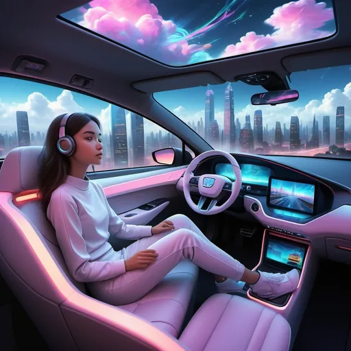 Prompt: (girl sitting in a car), (futuristic) technology, (cloudy sky), advanced displays and controls, (soft glow of digital lights), sleek car interior, (vibrant colors), modern city skyline visible through windows, (highly detailed) and (ultra-realistic), conveying a sense of serenity and innovation, immersive atmosphere with whimsical clouds.