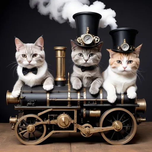 Prompt: A steam engine run by cats, in a gothic style, 3 cats , one with a hat