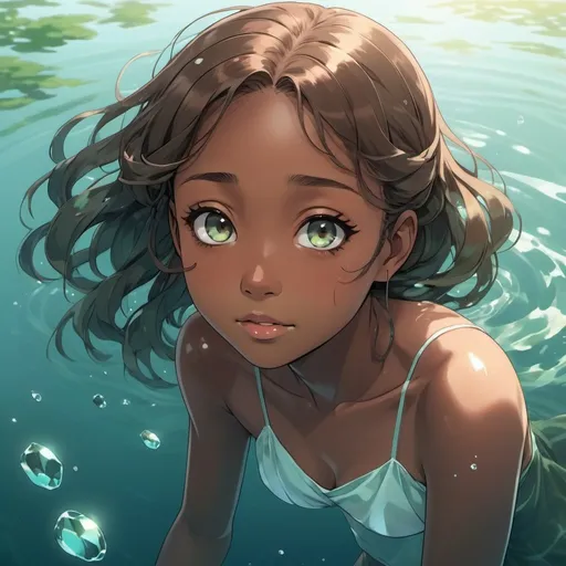 Prompt: Imagine a serene scene where an ethereal anime black girl is submerged in crystal-clear waters. 
   The tranquil blues and greens of the water create a calming atmosphere, 
   while the gentle ripples reflect the soft glow of the sun. 
   The anime girl's brown hair flows around her like silk