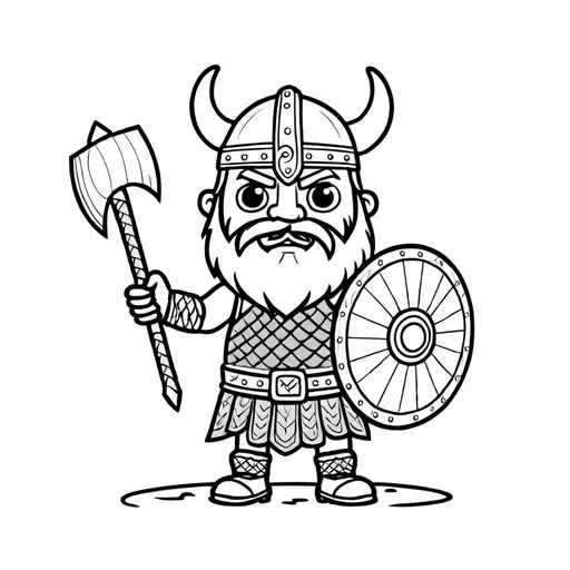 Prompt: A simple, outlined drawing of a fierce Viking warrior in traditional armor, holding a round shield with a Norse symbol and an axe in the other hand. The Viking has a horned helmet (non-historically accurate for fun), braided beard, and wears a fur cape. The style is clean and designed for coloring-in, with bold, clear outlines and no shading. The background features a Viking longship with sails, simple waves, and mountains in the distance