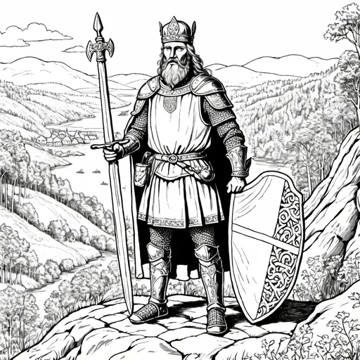 Prompt: A detailed, outlined drawing of a medieval Swedish king standing proudly on a hilltop, holding a sword and shield with the early Swedish coat of arms. Behind him are gathered warriors in chainmail and helmets, holding spears and banners. In the background, a landscape of forests and rivers, with simple wooden fortifications and a Viking-style longhouse, symbolizes the unification of the Swedish kingdoms. The style features bold, clean outlines with no shading, perfect for coloring-in.