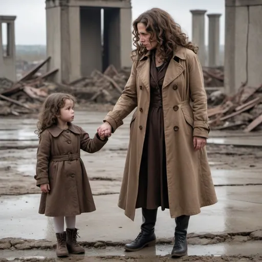 Prompt: A middle aged woman with brown hair curled in Victorian ringlets wearing a brown trenchcoat is standing, holding hands with a crying little girl about three years old. They look out onto the landscape of concrete, apocalyptic ruins. The older woman's face is one of deep determination and resolve to survive.