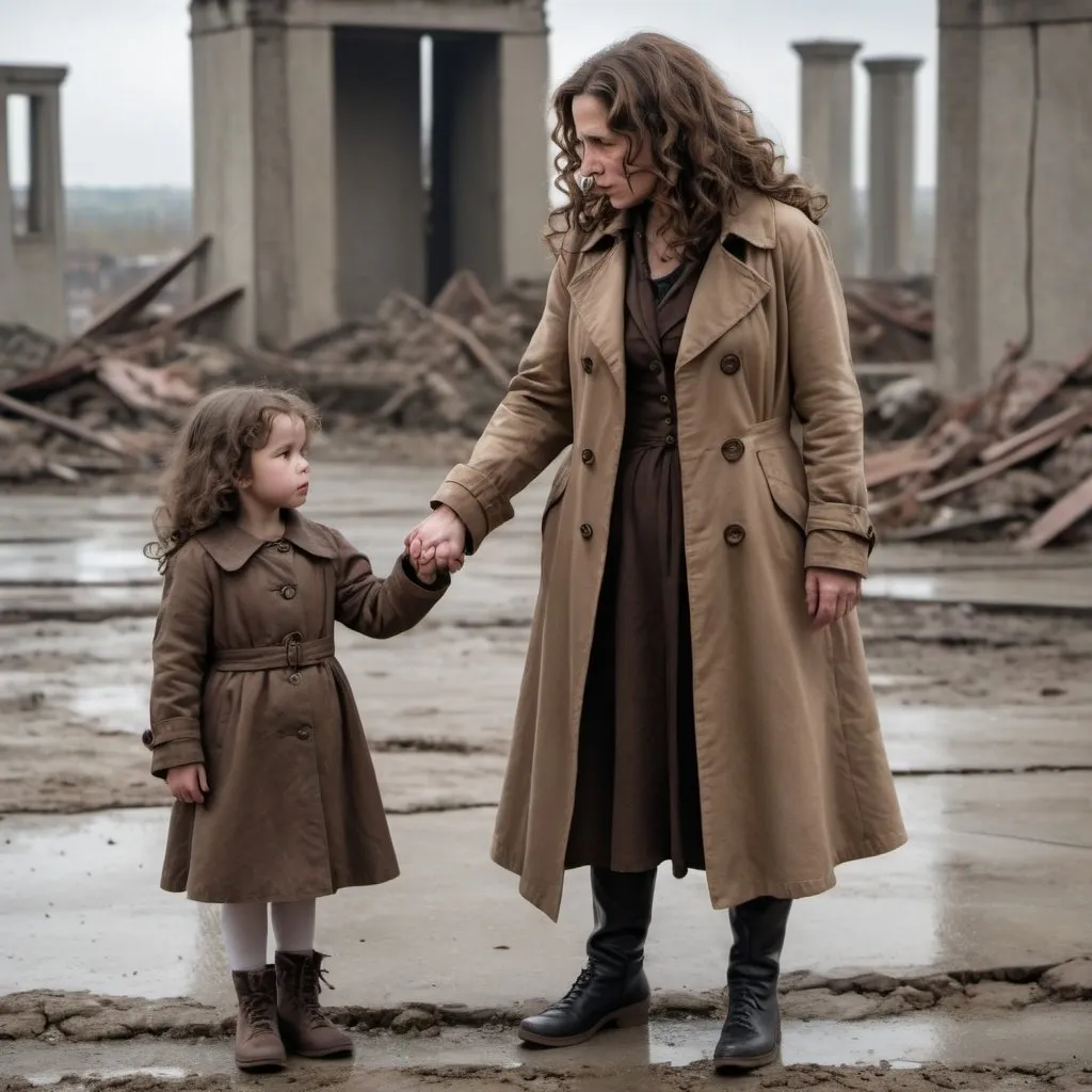 Prompt: A middle aged woman with brown hair curled in Victorian ringlets wearing a brown trenchcoat is standing, holding hands with a crying little girl about three years old. They look out onto the landscape of concrete, apocalyptic ruins. The older woman's face is one of deep determination and resolve to survive.