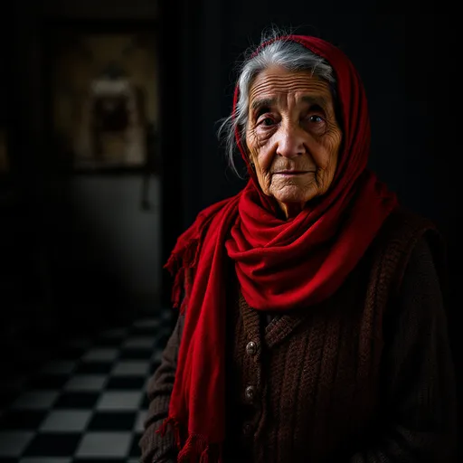 Prompt: In a dimly lit room, an elderly woman stands with a composed expression, her silver hair neatly tucked under a vibrant red scarf that contrasts with the earthy tones of her knitted brown vest. The wall behind her is adorned with a decorative woven panel, hinting at a traditional setting, while the floor showcases a distinctive black and white checkered pattern. Her weathered face tells stories of a long life, with deep lines etched around her eyes, suggesting wisdom and resilience. The overall mood is one of quiet dignity, capturing a moment of simplicity and cultural richness in her surroundings.