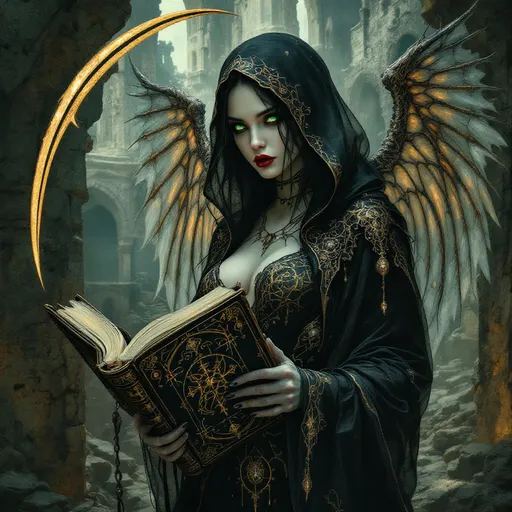 Prompt: A dark, gothic fantasy angel of death, inspired by Brom and H.R. Giger, poses dramatically amidst ancient ruins, surrounded by skulls and tomes, her beauty and menace intertwined as she holds a book of souls and an ornate scythe, clad in translucent silk with golden accents, set against a backdrop of atmospheric, HDR-lit, Octane-rendered chaos.