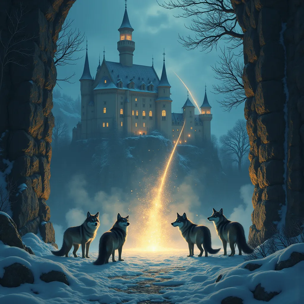 Prompt: A group of anthro wolves and foxes magically opening a dimensional rift in a temple complex.  A dimensional rift is a light with a portal to another world inside it.   The temple is heavily constructed of thick strong stone.   The wolves and foxes are magicians and technicians.  A few warriors are present too.  The wolves and foxes are drawn in the style of Jay Naylor.  Amazing detail on all characters. The Neuschwanstein Castle, Germany lit up during a winter night  highly realistic, realistic portrait, anatomically correct, realistic photograph, real colors, award winning photo, detailed face, realistic eyes, sharp focus, high resolution, volumetric lighting, incredibly detailed, masterpiece, breathtaking, exquisite, great attention to skin and eyes, intricate details, photorealistic, uhd, 8k, DSLR, Extremely detailed photograph, professional lighting, taken with Canon EOS 90D, 17-55mm lens , cinematic shot, dynamic lighting, 75mm, Technicolor, Panavision, cinemascope, sharp focus, fine details, 8k, HDR, realism, realistic, key visual, film still, cinematic color grading, depth of field, (anthro:0.1) ,  .