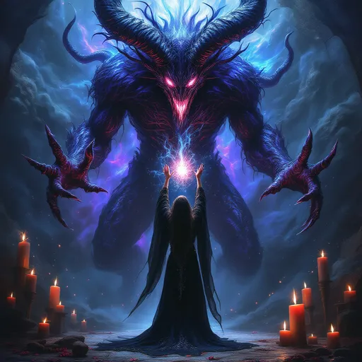 Prompt: A demon summoned by a witch, hyperrealistic, highly detailed, vibrant vivid colors, saturated colors, contrasting tones, dynamic composition, original design, crystal clarity, art nouveau influences, baroque elements, masterpiece quality, high definition, emotionally charged atmosphere, intricate textures, dramatic lighting, ethereal background highlighting the mystical ritual.