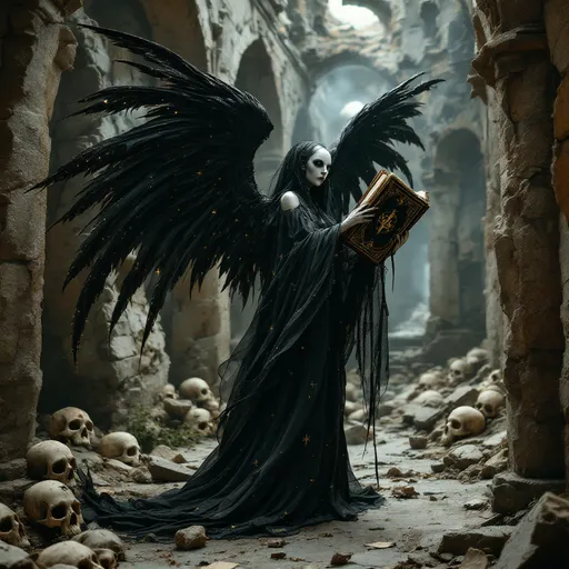 Prompt: A dark, gothic fantasy angel of death, inspired by Brom and H.R. Giger, poses dramatically amidst ancient ruins, surrounded by skulls and tomes, her beauty and menace intertwined as she holds a book of souls and an ornate scythe, clad in translucent silk with golden accents, set against a backdrop of atmospheric, HDR-lit, Octane-rendered chaos.