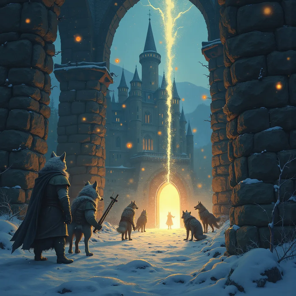 Prompt: A group of anthro wolves and foxes magically opening a dimensional rift in a temple complex.  A dimensional rift is a light with a portal to another world inside it.   The temple is heavily constructed of thick strong stone.   The wolves and foxes are magicians and technicians.  A few warriors are present too.  The wolves and foxes are drawn in the style of Jay Naylor.  Amazing detail on all characters. The Neuschwanstein Castle, Germany lit up during a winter night  highly realistic, realistic portrait, anatomically correct, realistic photograph, real colors, award winning photo, detailed face, realistic eyes, sharp focus, high resolution, volumetric lighting, incredibly detailed, masterpiece, breathtaking, exquisite, great attention to skin and eyes, intricate details, photorealistic, uhd, 8k, DSLR, Extremely detailed photograph, professional lighting, taken with Canon EOS 90D, 17-55mm lens , cinematic shot, dynamic lighting, 75mm, Technicolor, Panavision, cinemascope, sharp focus, fine details, 8k, HDR, realism, realistic, key visual, film still, cinematic color grading, depth of field, (anthro:0.1) ,  .