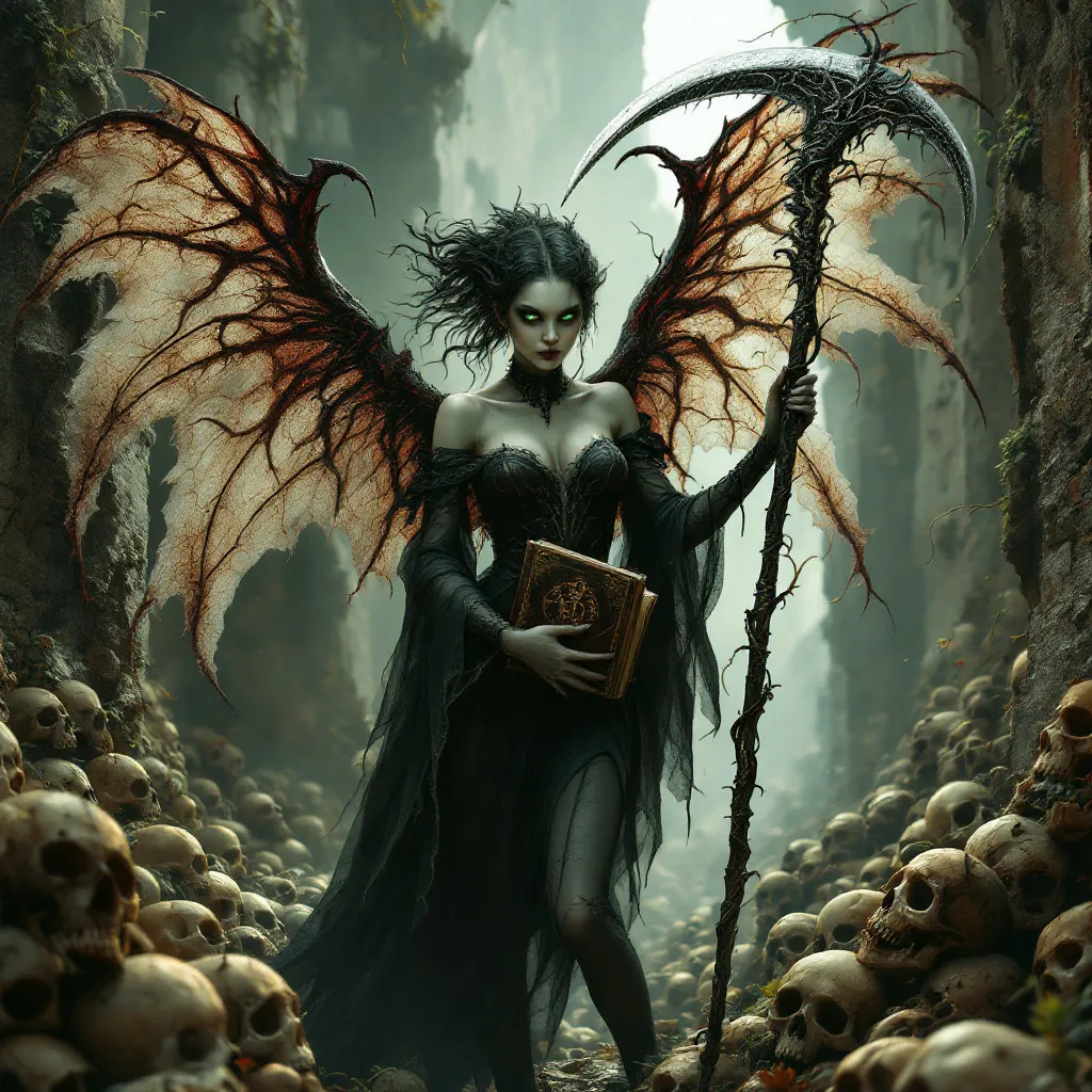 Prompt: A dark, gothic fantasy angel of death, inspired by Brom and H.R. Giger, poses dramatically amidst ancient ruins, surrounded by skulls and tomes, her beauty and menace intertwined as she holds a book of souls and an ornate scythe, clad in translucent silk with golden accents, set against a backdrop of atmospheric, HDR-lit, Octane-rendered chaos.