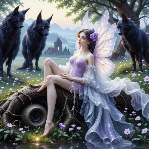 Prompt: exquisitely detailed, ethereal mystical art digital painting in the style of Linda Ravenscroft, In a serene meadow kissed by dusk, a stunning nymph with translucent, shimmering wings glows with a soft lavender hue. Her porcelain complexion reflects the twilight's embrace, while her amethyst eyes glint with secrets of the night. She reclines gracefully on a spiraled root, her delicate legs poised playfully, embodying both serenity and mischief. Nearby, two formidable shadowy forms stand guard, their dark skin and spiked wings creating a striking contrast to the nymph's soft radiance. The backdrop reveals a weathered ruin adorned with glowing blossoms, crafting a dreamlike fusion of beauty and danger. cinematic illumination, breathtaking artwork, top-tier quality.