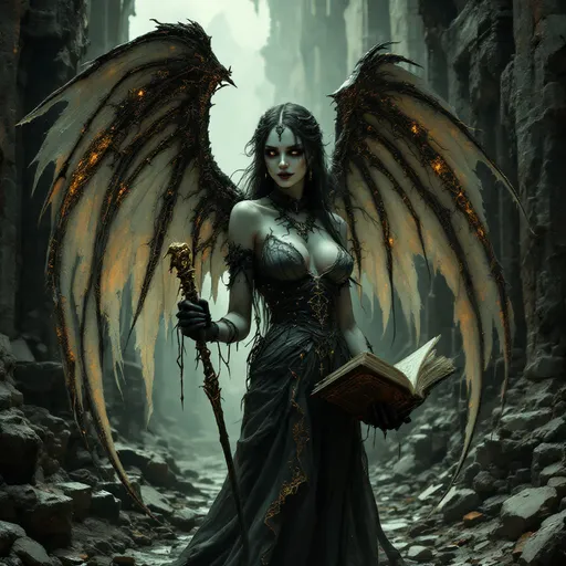 Prompt: A dark, gothic fantasy angel of death, inspired by Brom and H.R. Giger, poses dramatically amidst ancient ruins, surrounded by skulls and tomes, her beauty and menace intertwined as she holds a book of souls and an ornate scythe, clad in translucent silk with golden accents, set against a backdrop of atmospheric, HDR-lit, Octane-rendered chaos.