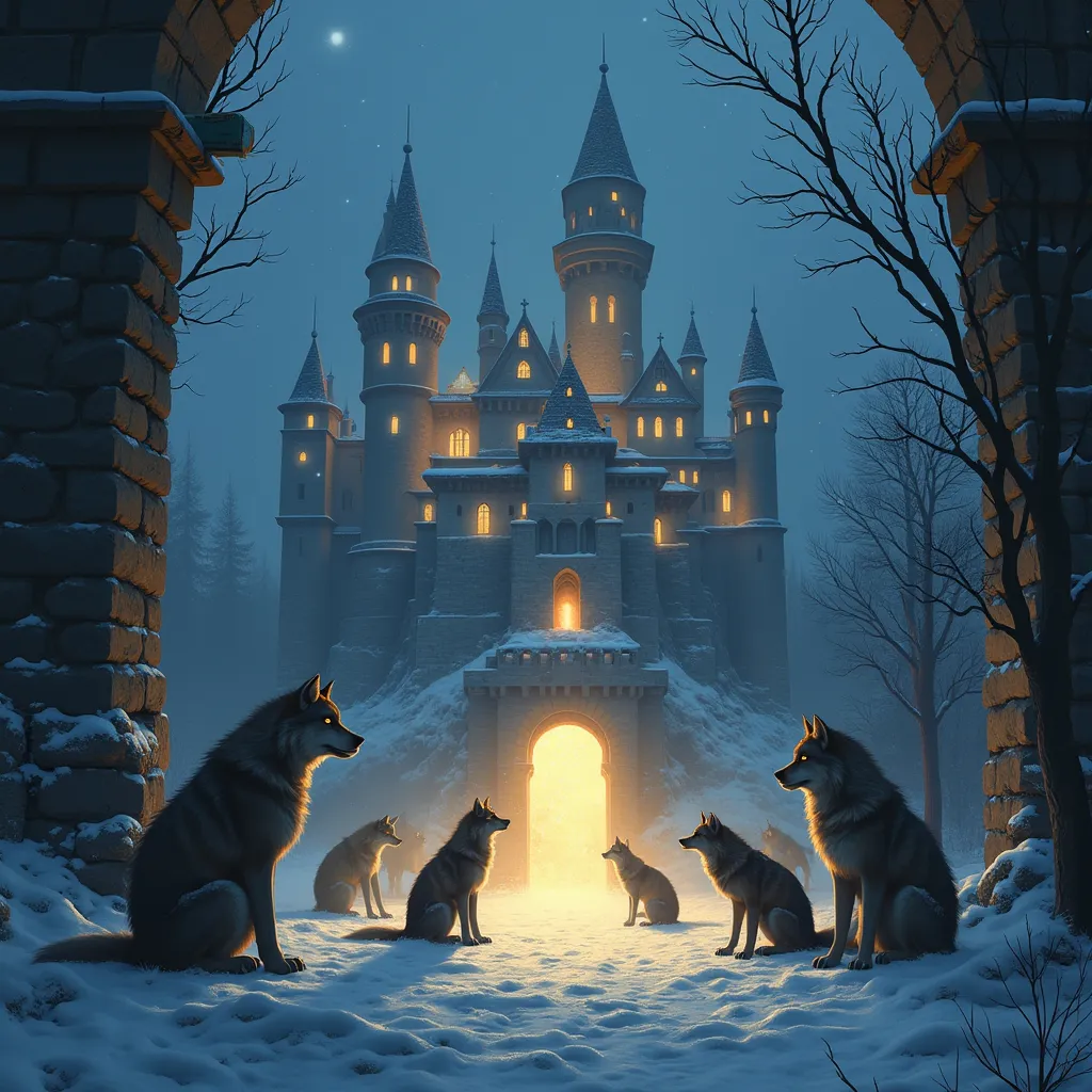 Prompt: A group of anthro wolves and foxes magically opening a dimensional rift in a temple complex.  A dimensional rift is a light with a portal to another world inside it.   The temple is heavily constructed of thick strong stone.   The wolves and foxes are magicians and technicians.  A few warriors are present too.  The wolves and foxes are drawn in the style of Jay Naylor.  Amazing detail on all characters. The Neuschwanstein Castle, Germany lit up during a winter night  highly realistic, realistic portrait, anatomically correct, realistic photograph, real colors, award winning photo, detailed face, realistic eyes, sharp focus, high resolution, volumetric lighting, incredibly detailed, masterpiece, breathtaking, exquisite, great attention to skin and eyes, intricate details, photorealistic, uhd, 8k, DSLR, Extremely detailed photograph, professional lighting, taken with Canon EOS 90D, 17-55mm lens , cinematic shot, dynamic lighting, 75mm, Technicolor, Panavision, cinemascope, sharp focus, fine details, 8k, HDR, realism, realistic, key visual, film still, cinematic color grading, depth of field, (anthro:0.1) ,  .