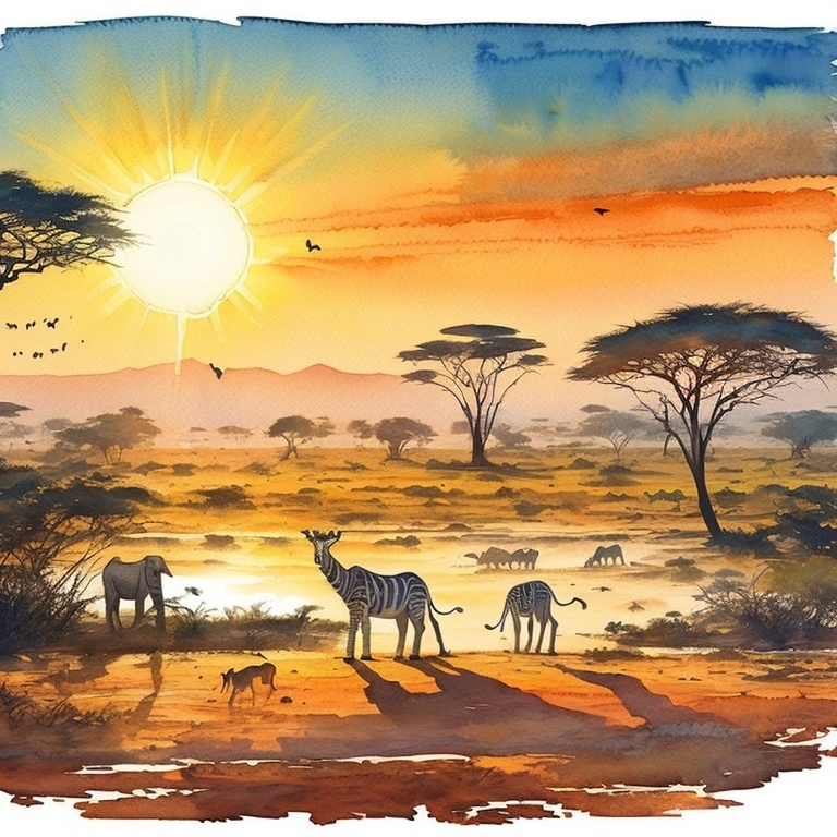 Prompt: Water colour African landscape. With a big shining sun in centre-frame. Animals all around the landscape.