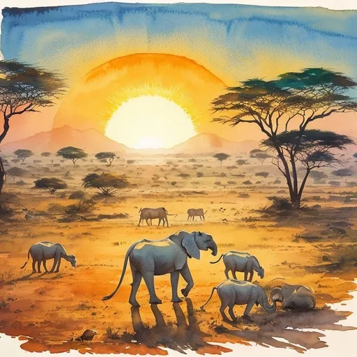 Prompt: Water colour African landscape. With a big shining sun in centre-frame. Animals all around the landscape.