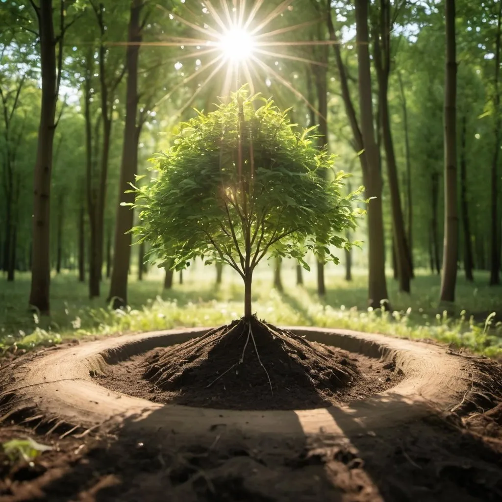 Prompt: Tree sapling, surrounded in a circle by fully grown trees, with the sun shining on them all