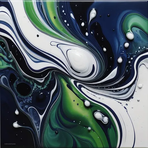 Prompt: abstract arylic painting of relaxing  marble  fluid movement and dropplets  in navy blue green, black silver and white