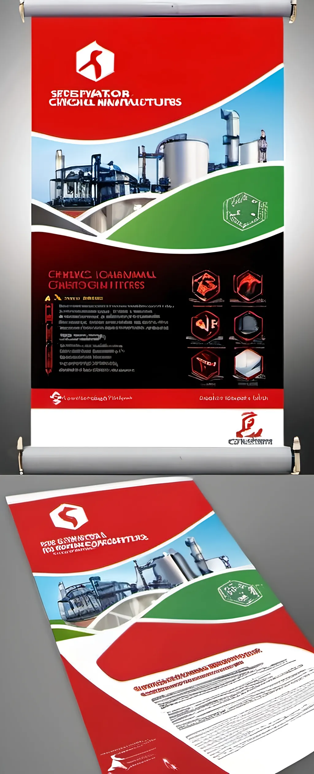 Prompt: Design a poster for an innovative and green and environmentally friendly chemical manufacturing company producing specialized chemicals for advanced ceramics, construction and refractories industries, the poster should measure 2m height x 0.8m width,  high-quality for print, professional, red colored theme. 