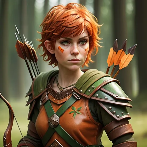 Prompt: Female woodelf, slight burn on face, has red and orange shaggy short hair, wears lether armore brown and green, with bow and arrow