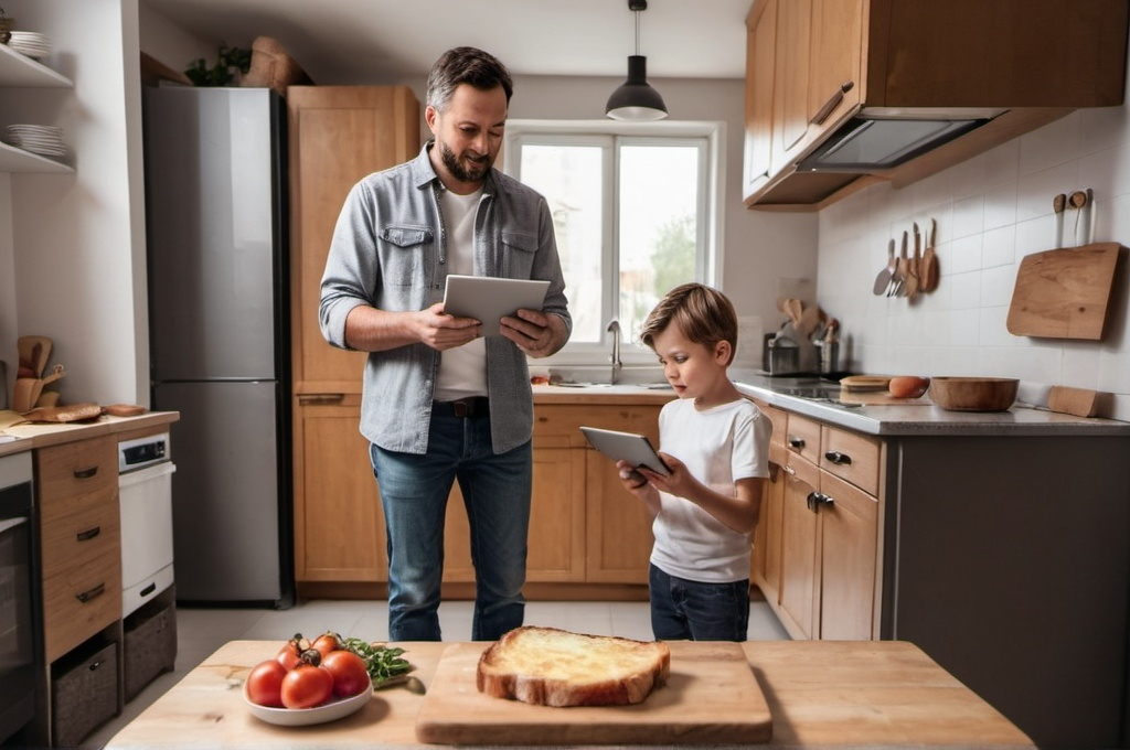 Prompt: Young boy is making a croque monsieur, father is looking at it and is holding a tablet in his hands. We see the hole kitchen and we see father and son standing.