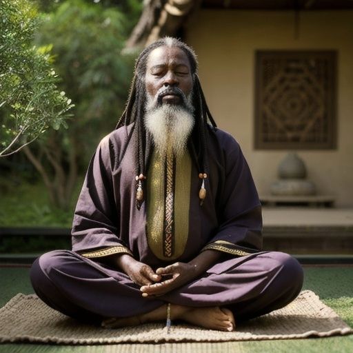 Prompt: elder African male fully clothe land long hair and beard sitting in a buddha position