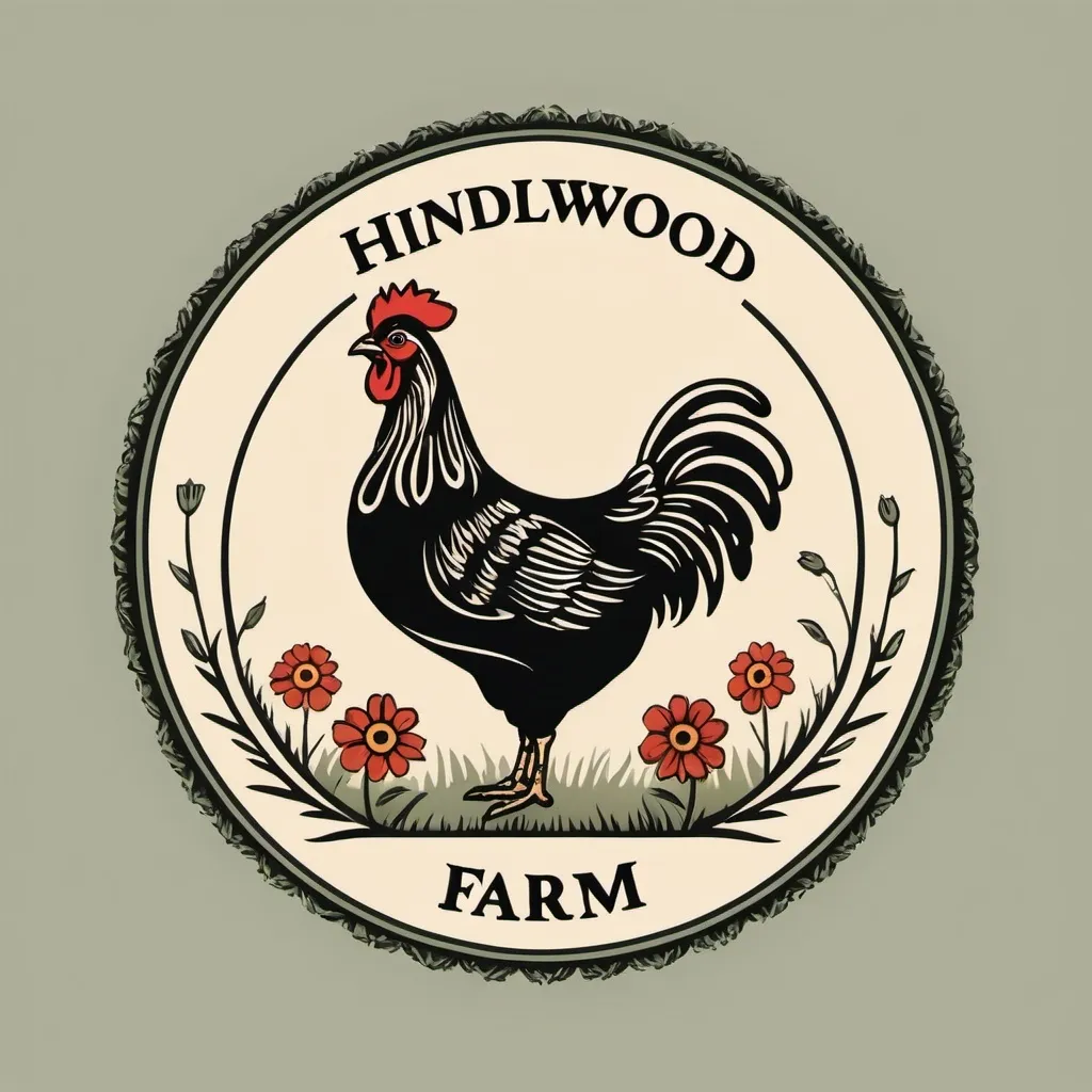 Prompt: create a logo for "hindlwood farm". logo should be in the shape of a circle with a yiddish folk art style hen in center. use yiddish looking font for text. use yiddish folk art flowers in logo. 