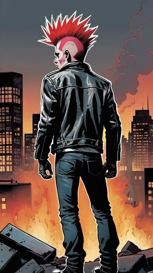 Prompt: Draw a man with its back turned, He's a punk rocker with leather jacket, has a red mohawk, and a Molotov cocktail in their right hand. He's are looking towards the city. The city looks in chaos and there's fire. Use the graphic style 90's marvel comics.