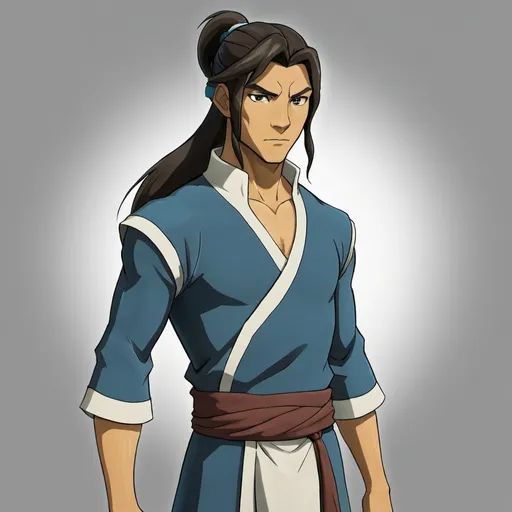 Prompt: legend of korra[ Young man from water tribe. Long hair, ponytail, dress shirt and pants.]