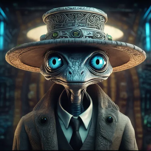 Prompt: Realistic detailed alien grey, oversized peaky blinders hat, big blue eyes, cigarette hanging from mouth, slight grin, slightly turned left yet facing camera, intricate facial features, smooth skin texture, lush extraterrestrial environment, vibrant colors in crop circle design, intricate patterns, atmospheric lighting illuminating the scene, mysterious ambiance, high depth, ultra-detailed, 4K quality.