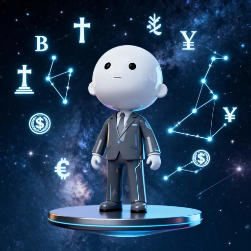 Prompt: Create a highly polished, expressive 3D/CGI mascot character designed for a finance and investing YouTube channel. The character is a sleek, minimal-faced figure (no human features), with a smooth matte-white rounded head and simple black dot eyes, wearing a modern charcoal suit with subtle futuristic detailing and soft reflections in
Cosmic space with biblical symbols and financial icons glowing like constellations. Mascot character standing on a floating platform, gazing upward