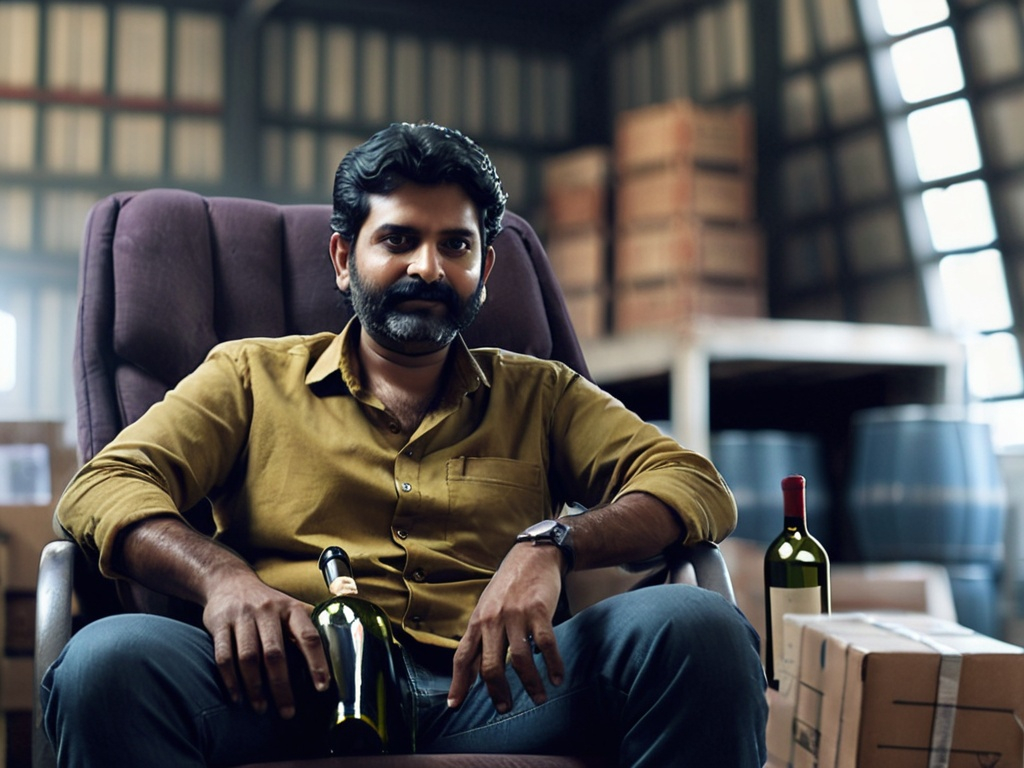 Prompt: a man sitting in a chair in a warehouse with a bottle of wine in his hand and a bottle of wine in his other hand, Bholekar Srihari, samikshavad, vfx, a picture