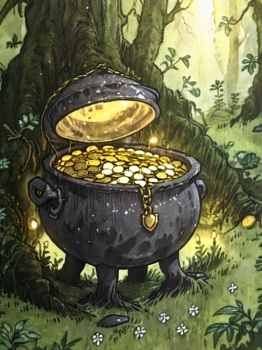 Prompt: a black cauldron filled to the top with glittering golden coins, dense thicket ambiance, mystical rays of light shining through lush foliage, enchanting atmosphere, ancient trees providing a magical setting, rich green moss and intertwining roots framing the treasure, ethereal glow illuminating the scene, ultra-detailed, high quality, cinematic masterpiece.