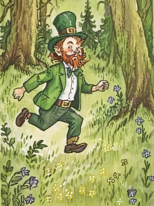 Prompt: leprechaun running away, vibrant greens and golds, whimsical and lively atmosphere, mischievous expression, flowing beard, playful stance, surrounded by twinkling fairy dust, lush forest background with dotted wildflowers, sunlight streaming through trees, ultra-detailed, high quality, enchanting mood, capturing a moment of whimsy and escape
