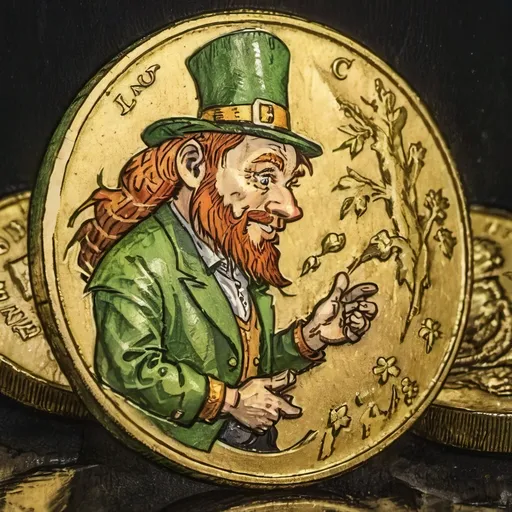 Prompt: leprechaun profile, engraved on a golden coin, zoomed-in focus, vivid colors, high depth cinematic atmosphere, ultra-detailed, capturing the emotion of devilish fun, intricate textures of the coin, held in the hand of a visioner, rich golden hue, dramatic lighting enhancing details, immersive depth of field, captivating and engaging composition.