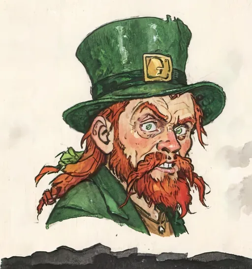 Prompt: Enraged Leprechaun with a furious expression, intense close-up of his face, gleaming emerald eyes, fiery red beard, and traditional green hat, dramatic shadowing highlighting his anger, zoomed in focus from the top framing, vivid colors, high depth cinematic atmosphere, ultra-detailed, capturing the emotion of fury and determination, background is green.