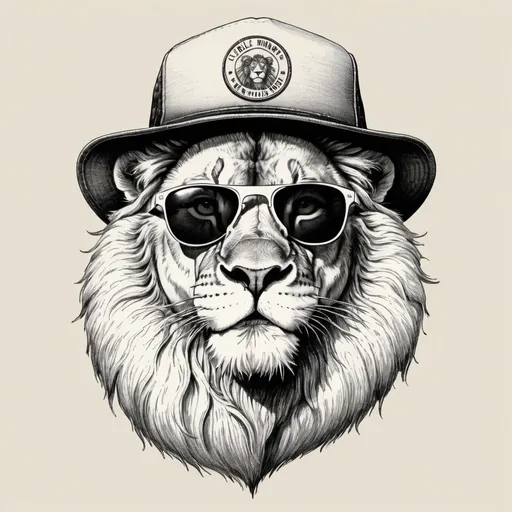 Prompt: Vintage ink drawing of a lion with dark sunglasses and trucker hat, black and white, vintage clipart style, traditional ink illustration, classic, retro, vintage, monochrome, intricate shading, high contrast, vintage clipart, old-school, detailed facial features, artistic, vintage vibes, vintage style, black and white art, artistic shading