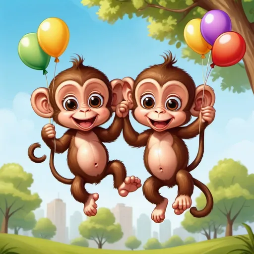 Prompt: Two baby monkeys swinging with balloons, friendly park setting, joyful smiles, brown fur, playful atmosphere, detailed eyes, cute, high quality, vibrant colors, cartoonish style, sunny lighting