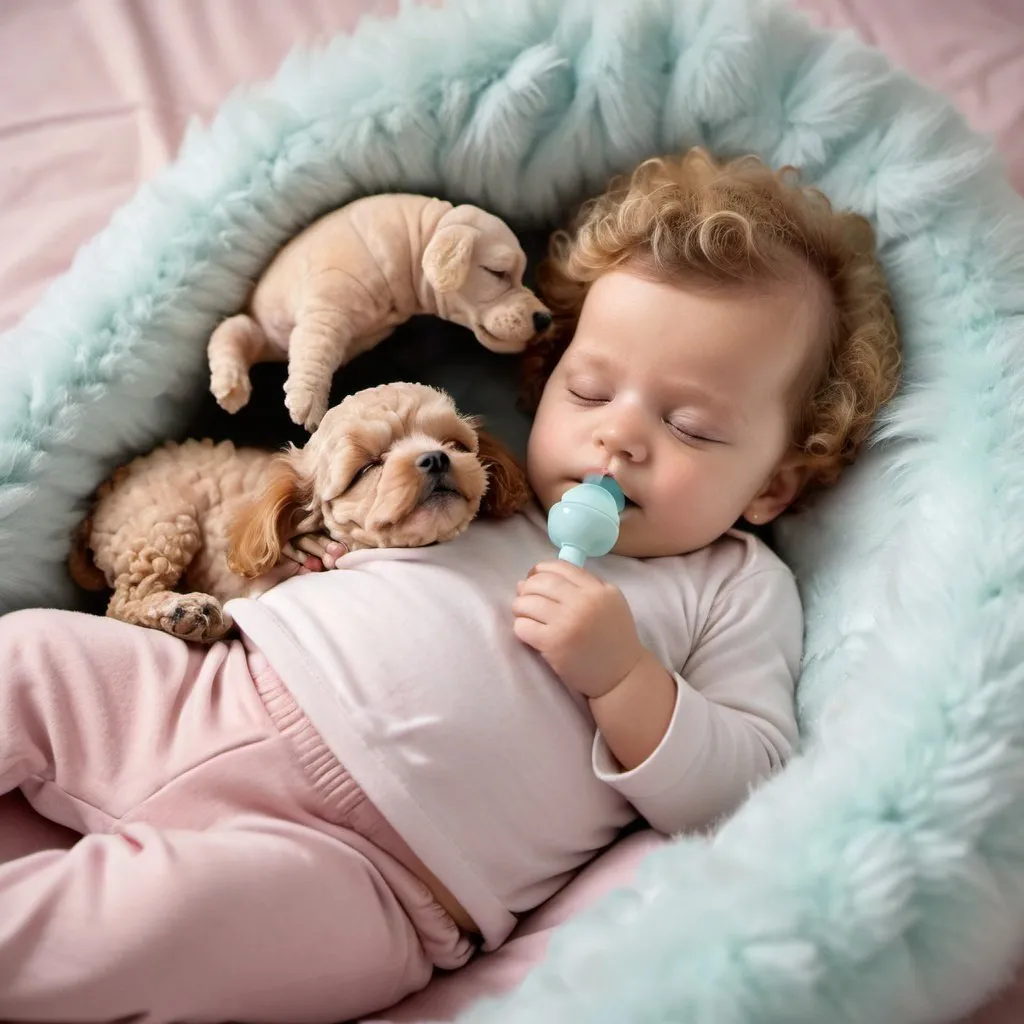 Prompt: Infant sleeping in crib with pacifier, toy poodle lying next to baby, arms and legs in the air, closed eyes, cozy atmosphere, soft pastel colors, high quality, detailed fur, adorable, peaceful, poodle with pacifier, crib setting, sleeping, close bond, soft lighting, baby and poodle, calm and serene, peaceful sleep, cozy atmosphere, pastel tones, detailed fur, best quality