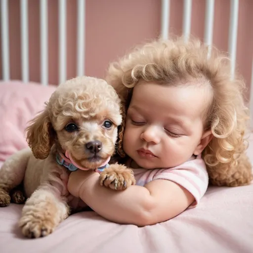 Prompt: Infant sleeping in crib with pacifier, toy poodle lying next to baby, arms and legs in the air, closed eyes, cozy atmosphere, soft pastel colors, high quality, detailed fur, adorable, peaceful, poodle with pacifier, crib setting, sleeping, close bond, soft lighting, baby and poodle, calm and serene, peaceful sleep, cozy atmosphere, pastel tones, detailed fur, best quality