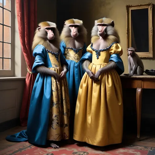 Prompt: Baboons in evening gowns, in ballroom, style of Dutch painter Vermeer