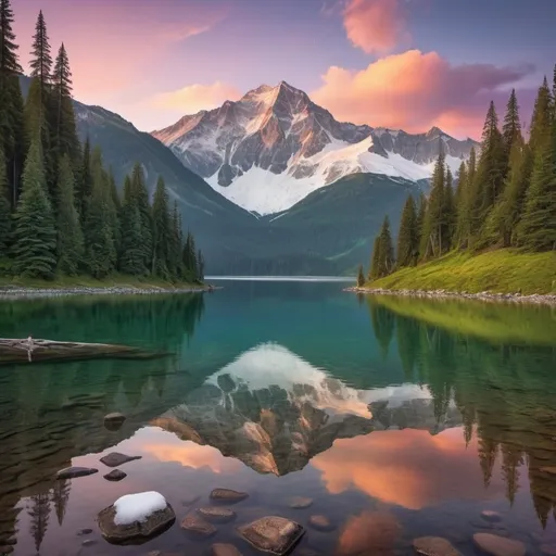 Prompt: A serene mountain landscape during sunset, with vibrant colors in the sky, snow-capped peaks, and a calm lake reflecting the mountains, surrounded by lush evergreen forests.