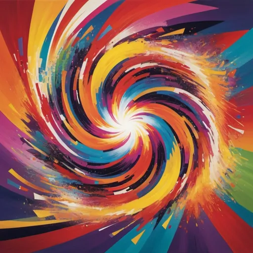 Prompt: A swirling vortex of vibrant colors, with geometric shapes and patterns merging into an explosion of energy, evoking the sensation of movement and dynamism.