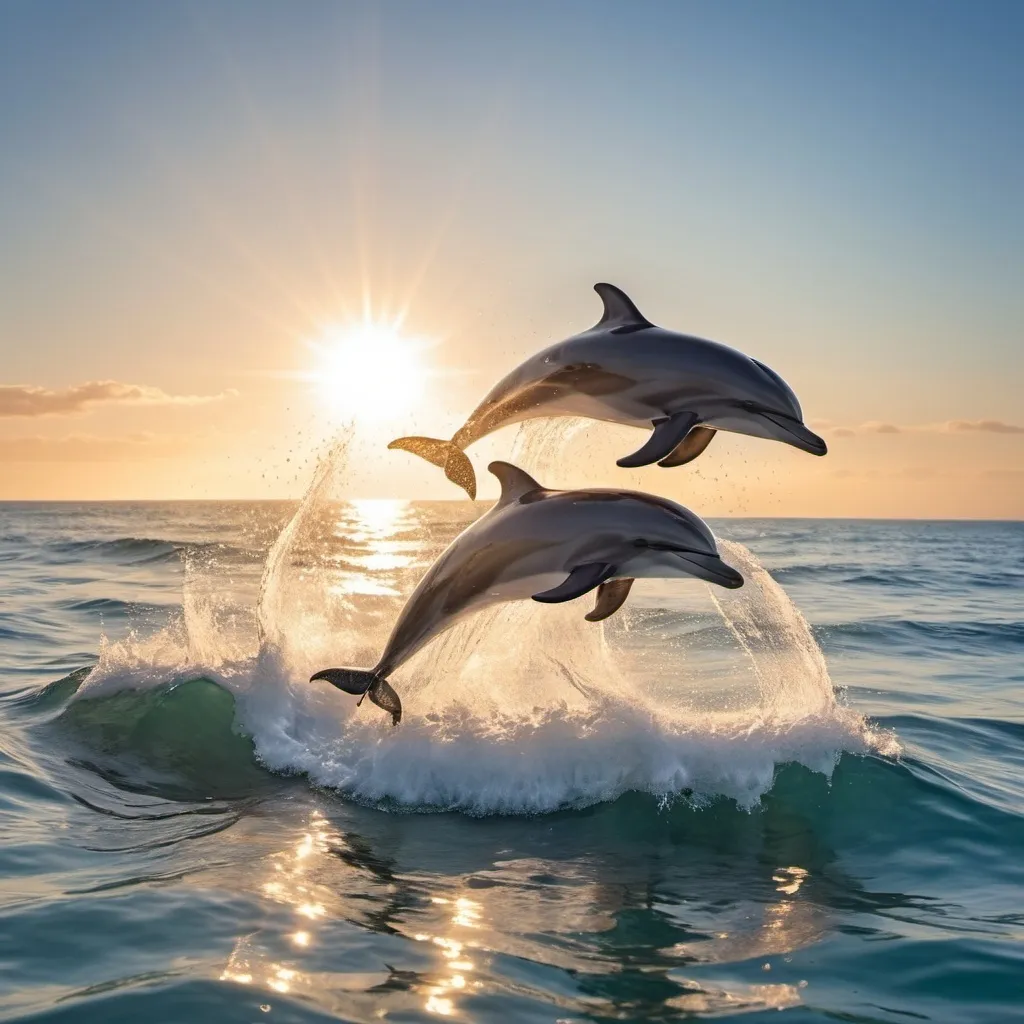 Prompt: A pair of playful dolphins leaping out of crystal-clear ocean waters, with the sun shining brightly overhead, casting sparkles on the surface of the sea.