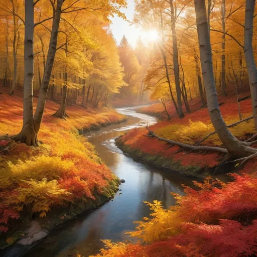 Prompt: A vibrant autumn forest with golden leaves covering the ground, a winding river reflecting the fiery colors of the trees, and soft sunlight filtering through the branches.