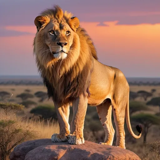 Prompt: A majestic lion standing on a rocky outcrop at dusk, with the golden African savanna stretching out behind it, the sky painted in shades of orange and purple.