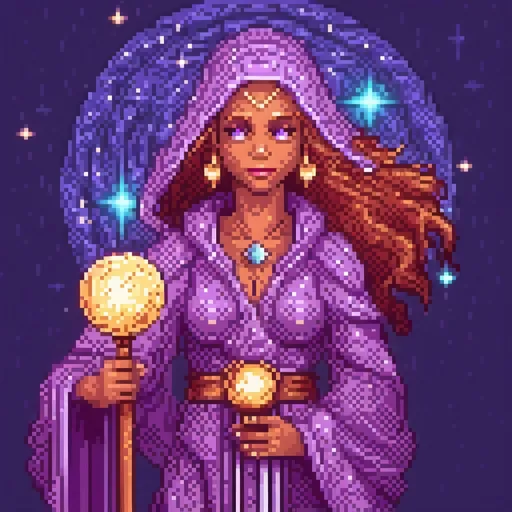 Prompt: (magic wizard female), holding an intricately designed staff adorned with a (glowing purple orb), elegant robes flowing gracefully, rich textures illuminating her mystical aura, enchanting expression, surrounded by a (cosmic background filled with twinkling stars and swirling galaxies), ethereal lighting casting dramatic shadows, captivating atmosphere, vibrant colors, ultra-detailed, 4K resolution.